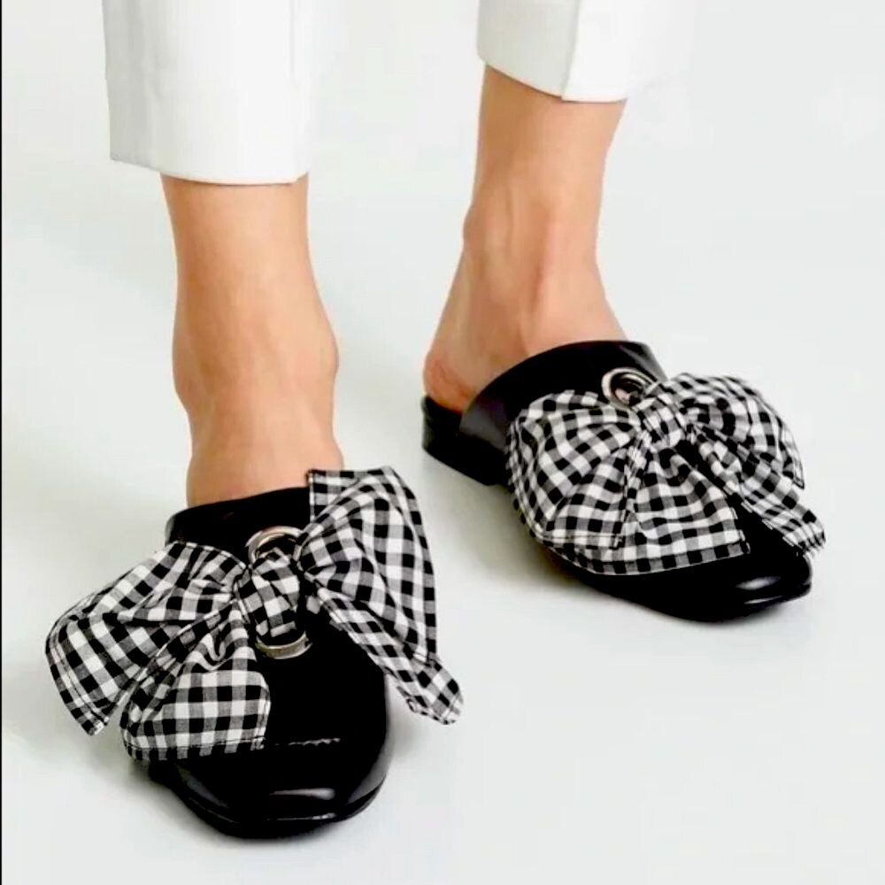 FREDA SALVADOR Ono Black White Gingham Bow Tie Mule Flats 6 MSRP $325 NWT